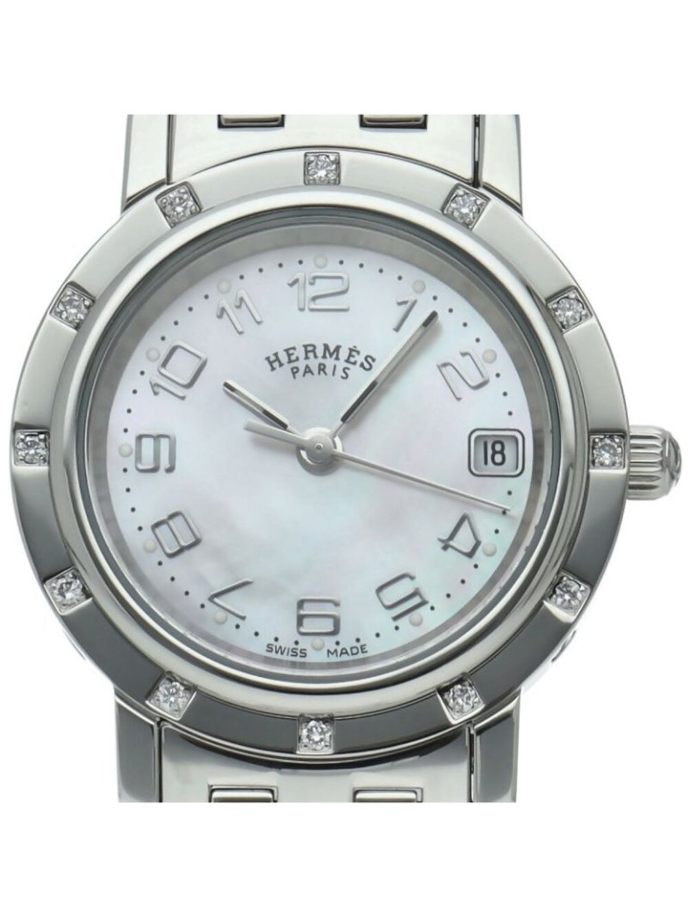 Hermes Clipper Nacre Watch Diamond Bezel Bracelet SS White